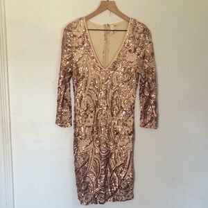 Love Song Elegant Long Sleeve Rose Gold Sequin Mesh Dress Sz Large Women